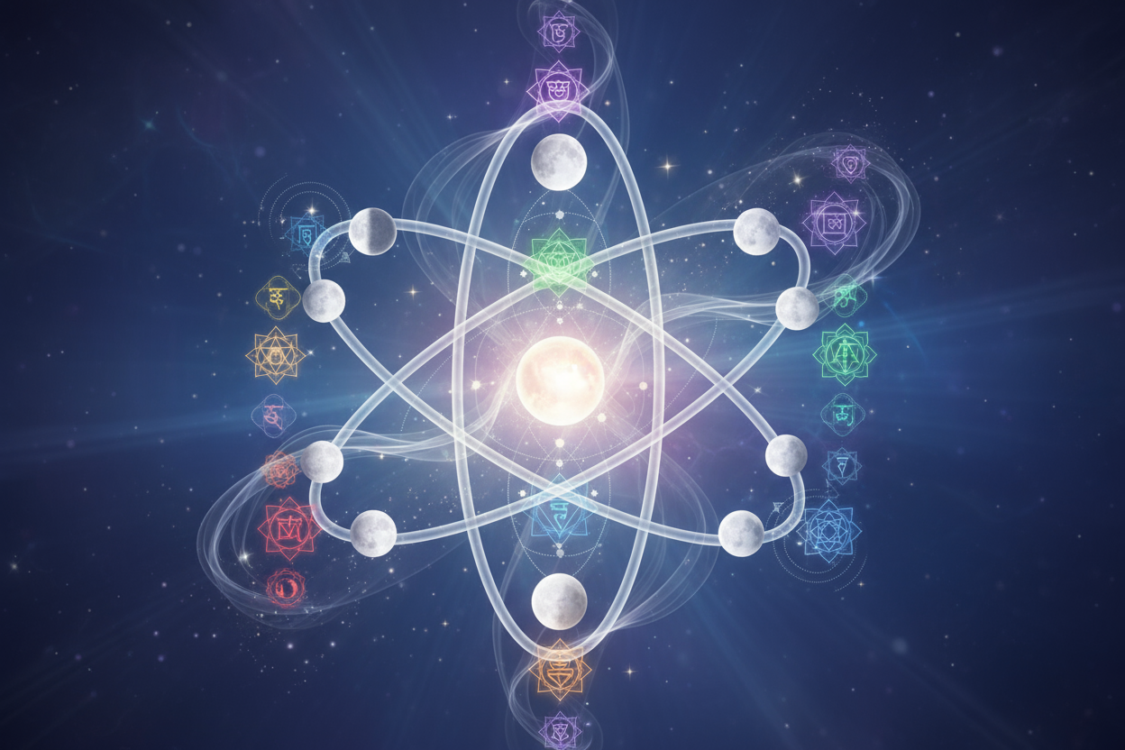 miscroscopio o átomo fusionado con símbolos místicos (chakras o luna )